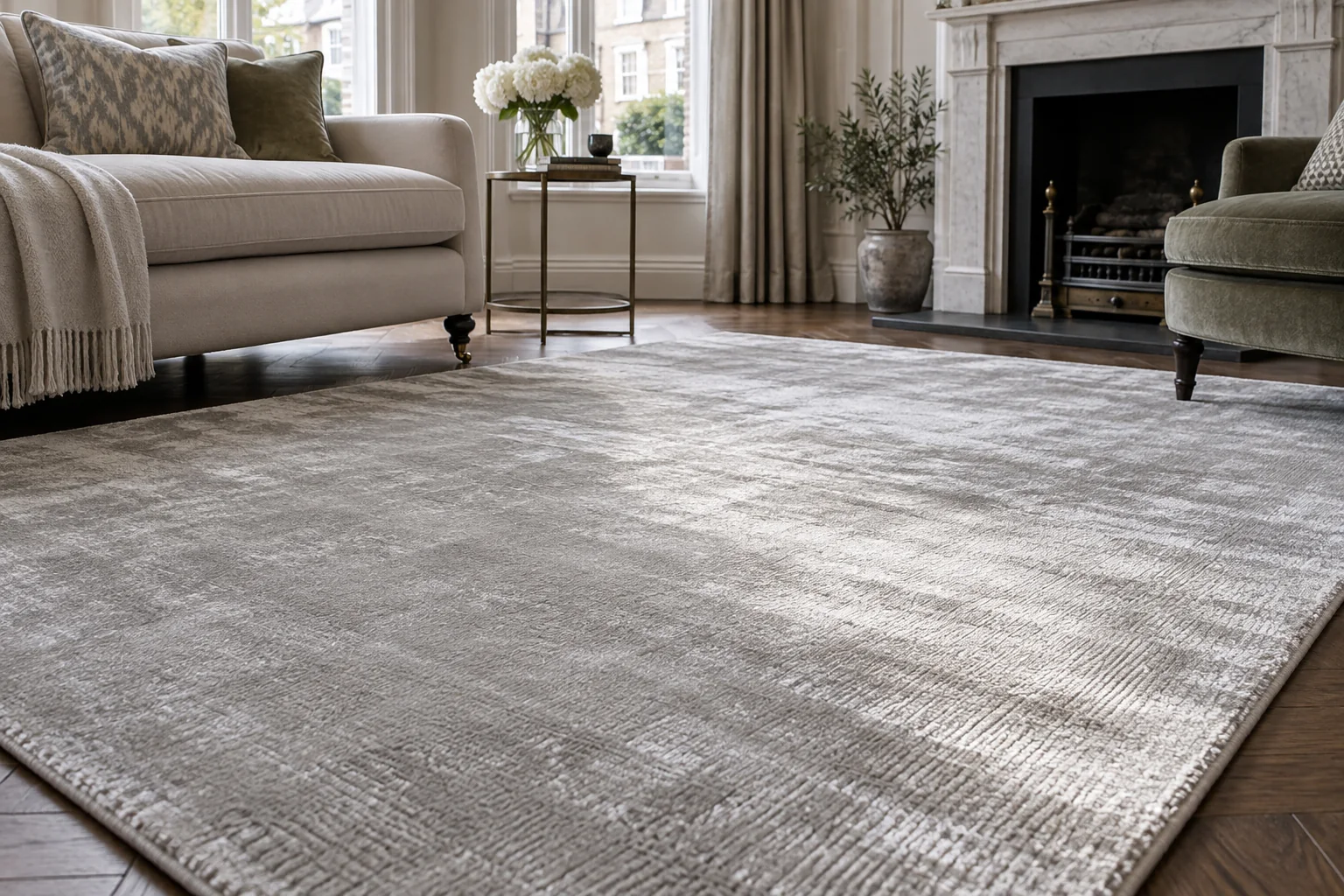 Silvery lustrous rug pile showing the change of sheen with viewing direction