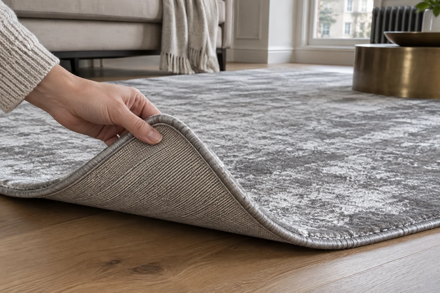Hand lifting the edge of a lustrous grey rug to examine its woven reverse