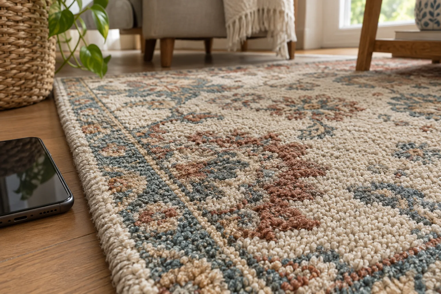 Close view of varied rug pile textures photographed for an assessment