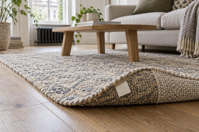 A woven rug corner turned back to show its care label