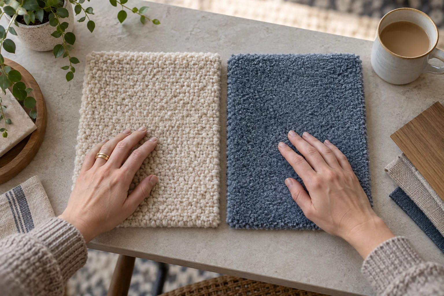 Close view comparing textures of an unlabelled rug pile